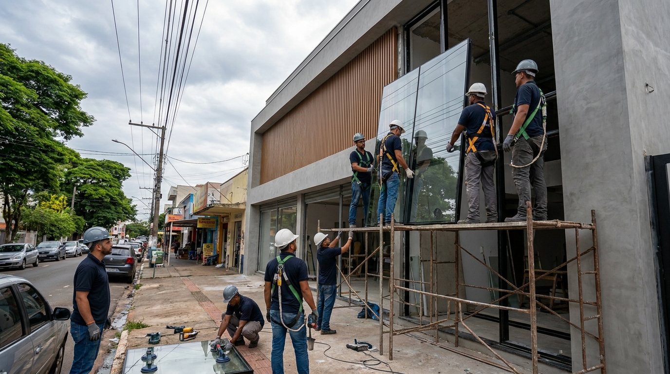Fachada de vidro com andaime lateral em Passo Fundo-RS