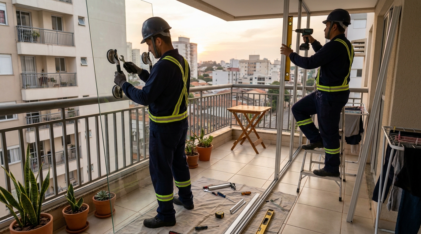 Instalação de parede de vidro em sacada em Passo Fundo-RS